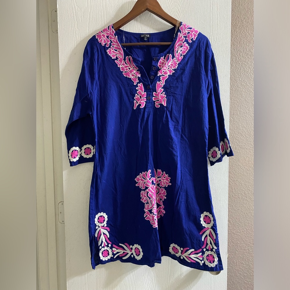 Lily Sue Pink White Blue Embroidered Tunic Cover Up Cotton Dress  Women Sz L